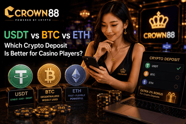 Crown88 crypto deposit test comparing USDT BTC and ETH for casino players