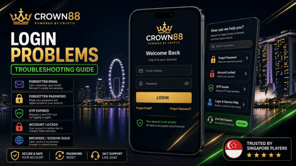 Alt Text: Crown88 login troubleshooting guide showing five common account access problems for Singapore players